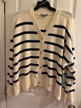 New Terra & Sky Cream and Navy Striped V-Neck Button Cardigan